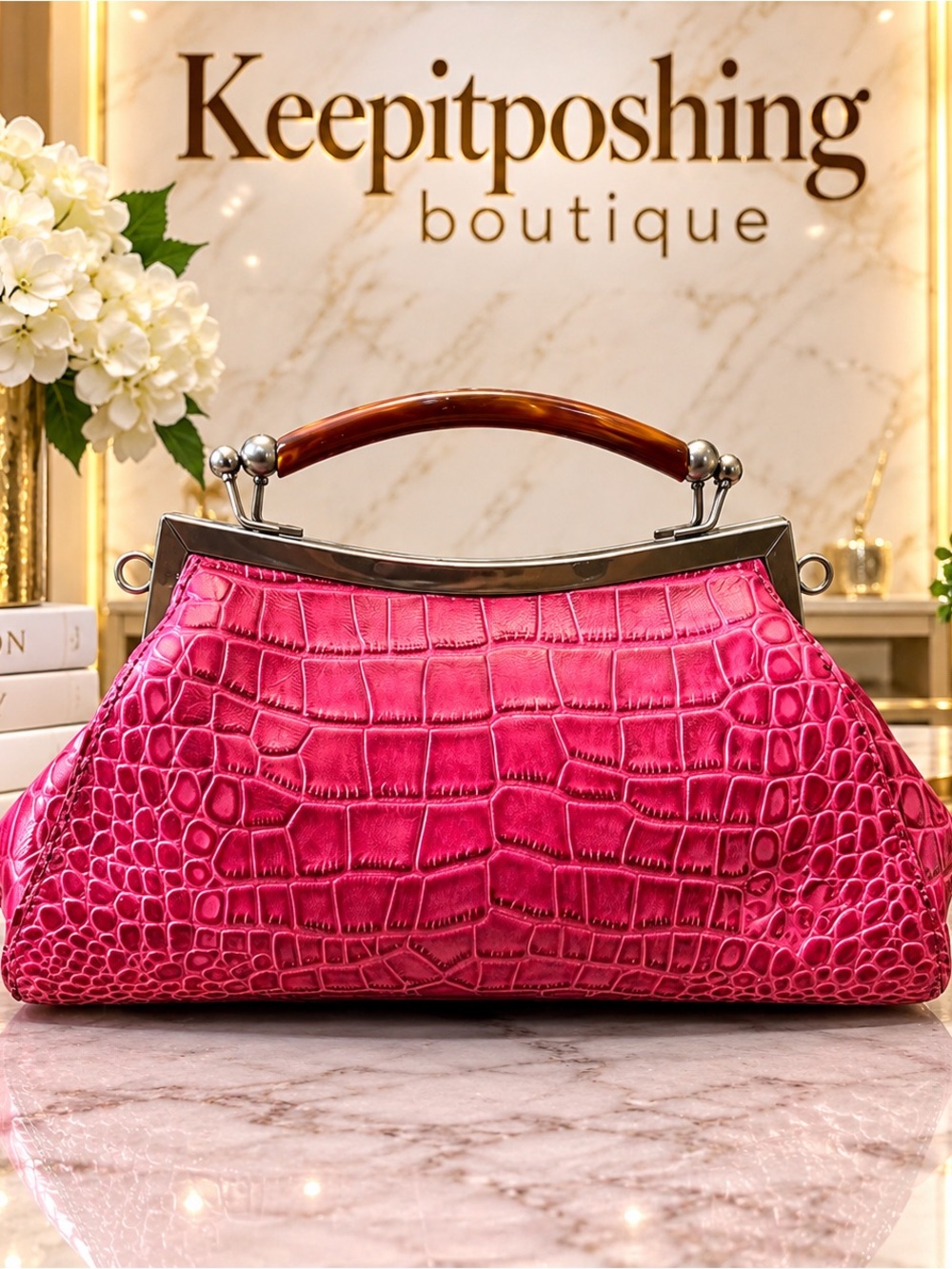 Patricia Nash Hot Pink Croc-Embossed Frame Clutch with Tortoiseshell Handle
